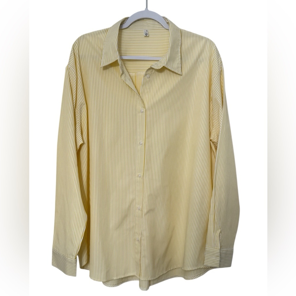 CMSJ Women's Striped Long Sleeve Loose Fit Fashion Office Blouse, Yellow & White